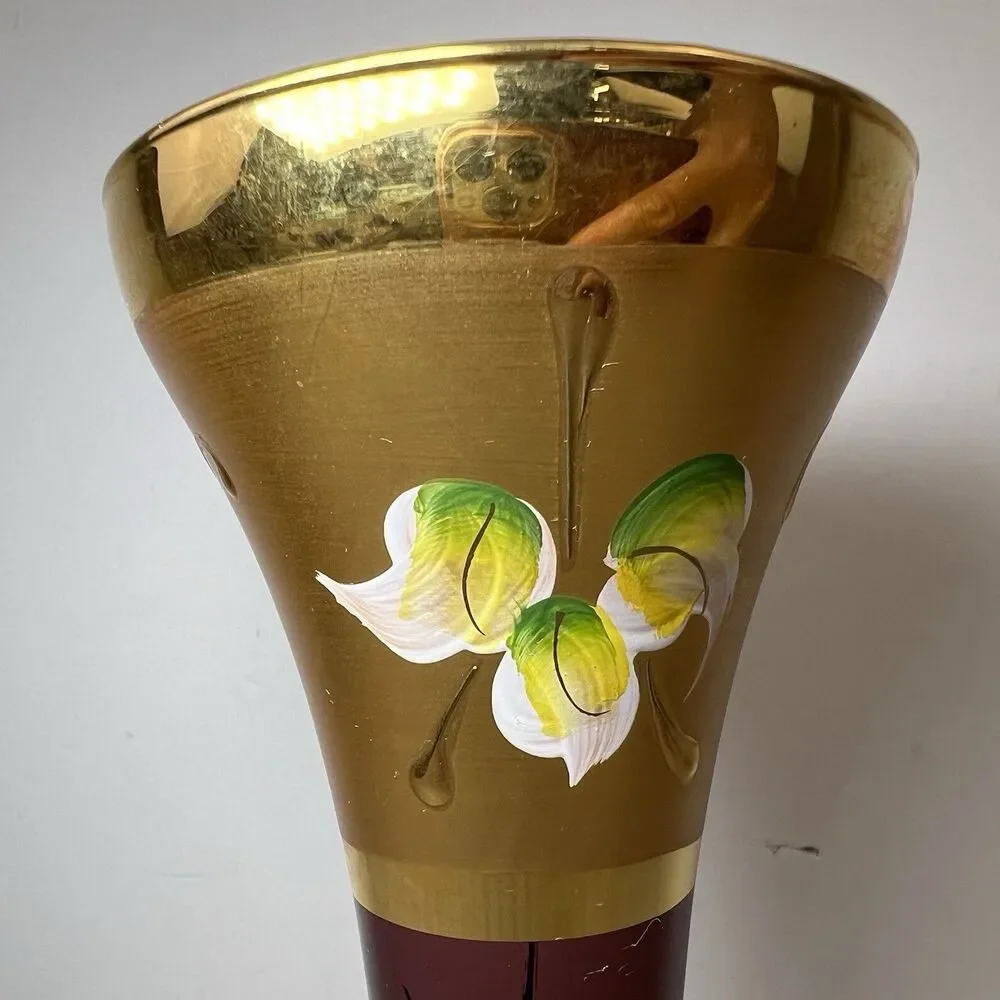 Bohemian Czech Ruby Red Murano Glass Bud Vase 18k Gold Hand Painted Flowers 10”